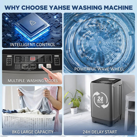 Heavy Duty Portable Washing Machine With Self Draining Pump Ten Auto Wash Cycles And Slick LED Interface displayed with multiple features.