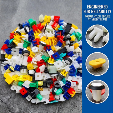 200 Piece Nylon Auto Fastener Kit with colorful screws, inserts, and grommets, ideal for DIY car fixes and quick repairs