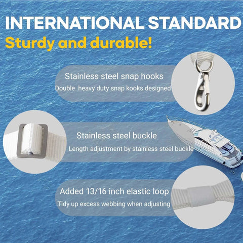 Close-up of Adjustable White Bimini Top Straps 2 Pcs Marine Nylon Webbing with stainless snap hooks and buckle, shown on water background.