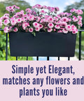 Super Sleek Two Pack Rail Planters For Balcony And Deck Twenty Inch Self Watering Garden Boxes In Matte Black with flowers.