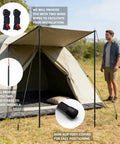 Beefy Adjustable Tarp Poles For Canopies And Tarps set up on a tent with guylines, stakes, and man in campsite setting.