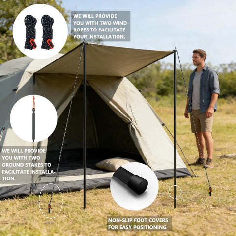 Beefy Adjustable Tarp Poles For Canopies And Tarps set up on a tent with guylines, stakes, and man in campsite setting.