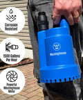 Person holding 1/4 HP Submersible Sump Pump, 25 GPM High Flow Water Removal, Portable Thermoplastic Utility Pump for Basement
