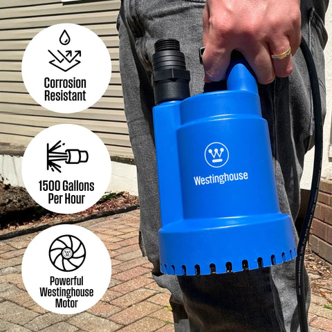 Person holding 1/4 HP Submersible Sump Pump, 25 GPM High Flow Water Removal, Portable Thermoplastic Utility Pump for Basement