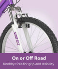 Trail Ready Mountain Bike For Youth And Adults With 24 Inch Wheels, 18 Speed, Steel Frame, knobby front tire in close-up