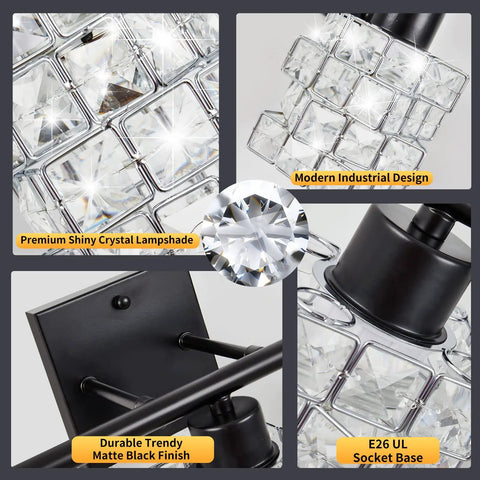 Close-up of 3 Light Crystal Bathroom Vanity Light Fixture Over Mirror Rotatable Matte Black Crystal Indoor Wall Lights