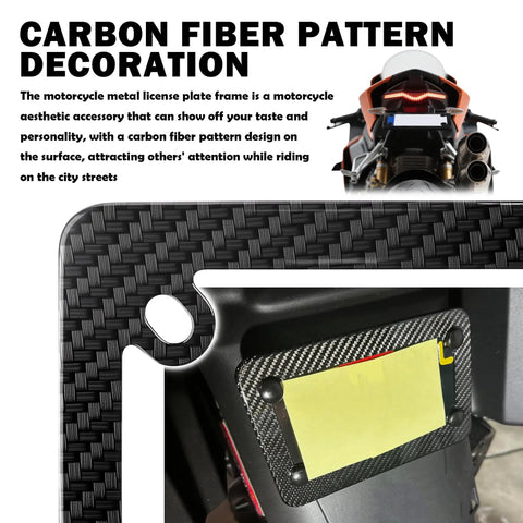 Dope Carbon Fiber Style Stainless Steel Motorcycle License Plate Frame Kit with trim pattern and screws