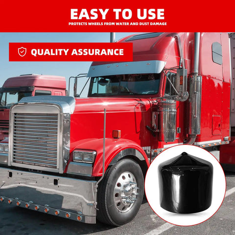 12 Pack Bearing Dust Caps 1.98 Inch Black Rubber Hub Covers next to red truck, ideal for trailer wheel bearing protection.