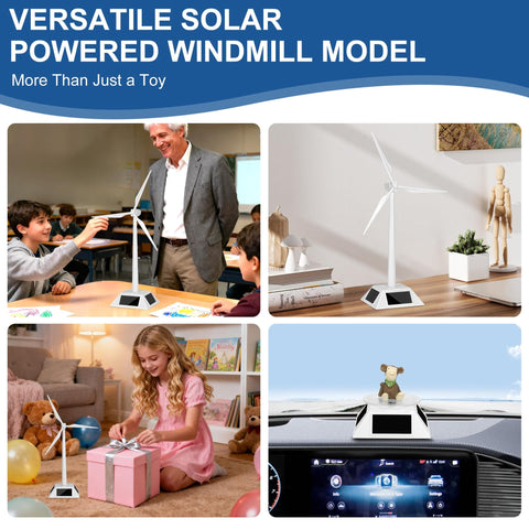 Solar Powered Windmill Kit for Desk and Home Decor, Rotating Wind Turbine Model, in classroom, home, and car settings.