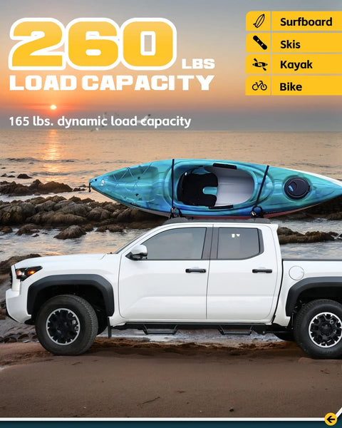 Durable Aluminum Roof Rack Cross Bars For 2024 2025 2026 Toyota Tacoma Double Cab with kayak on beach at sunset