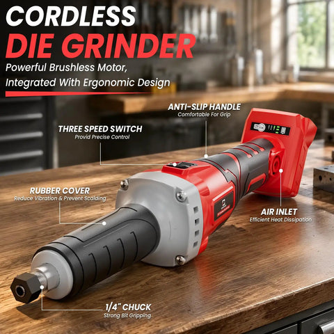 Heavy Duty Cordless Die Grinder Featuring A Zippy 26000 Rpm Brushless Motor, Slick One Quarter Inch Chuck, Compatible With Milwaukee 18V Batteries, Cranks Through Rust, Smooth Grinding And Polishing, showing ergonomic design and features.