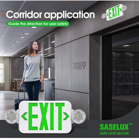Green Led Exit Sign Emergency Light Combo With Adjustable Two Head Units Double Sided Battery Backup For Contractors AC 120 277V 4 Pack UL Certified Ready To Install