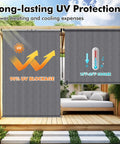 8 Ft W By 8 Ft H Gray Outdoor Roller Shade Cordless Patio Blind With Spliced Pole Design Roll Up Fabric Two Poles One Piece showing UV blockage and cooling effect