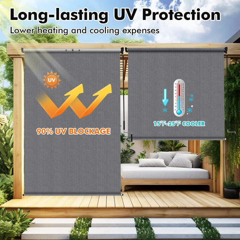 8 Ft W By 8 Ft H Gray Outdoor Roller Shade Cordless Patio Blind With Spliced Pole Design Roll Up Fabric Two Poles One Piece showing UV blockage and cooling effect