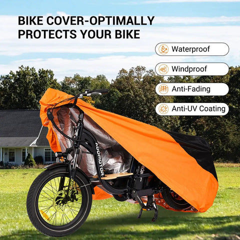 Heavy Duty Outdoor Tricycle And Bicycle Cover For Two Bikes 210D Waterproof Polyester Large 90.5L 37.4W 49.2H Fits Adult Trikes And E Bikes Windproof Dustproof Storage All Weather Outdoor Shield Orange on trike