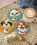 Dog Diamond Art Coaster Kit For Beginners With Holder DIY 8 Pack Diamond Painting Coasters Set Includes Cork Bases Diamonds Pen Glue Tray And Bonus Extra Diamonds For Easy Creative Crafting showing three decorated coasters.