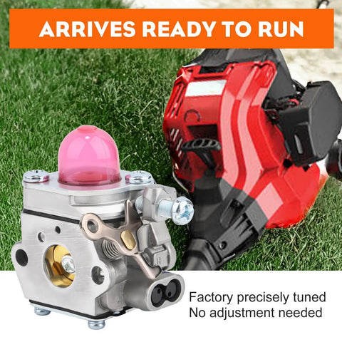 Premium Replacement Carburetor For Troy Bilt Weedeater Trimmers TB22 TB22EC TB32EC TB225 TB80EC TB21EC TB2040XP TB42BC And Bolens BL110 Walbro WT973 Compatible For Garden Tools displayed with trimmer