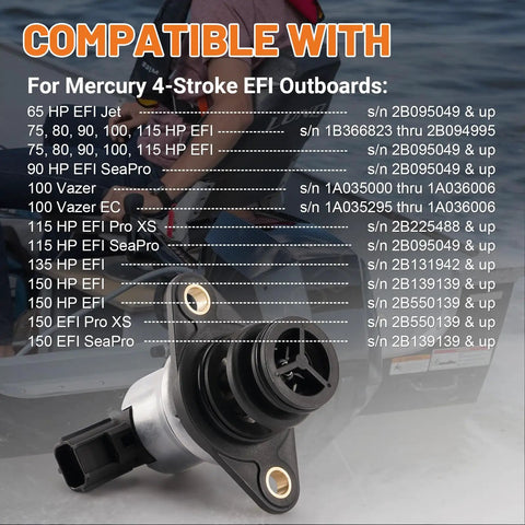 Idle Air Control Valve For Mercury Outboard 4-Stroke Engines 65HP Through 150HP Replacement OE 8M0188118 shown with specs