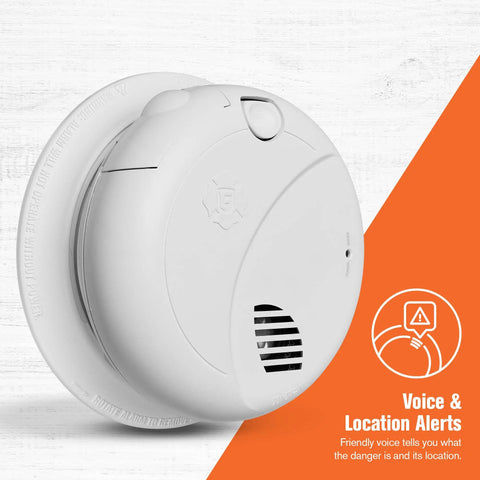 12 Pack Interconnect Hardwire Smoke Alarms With Built In Battery Backup Voice And Location Warnings mounted on a wall, showcasing voice alerts.