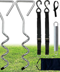 Heavy Duty RV Awning Tie Down Kit For Windy Weather with spiral stakes, springs, straps, loops, and storage bag on grass