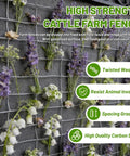 Close-up of galvanized woven wire fence panel with flowers, features include high strength and resistance, ideal for livestock.