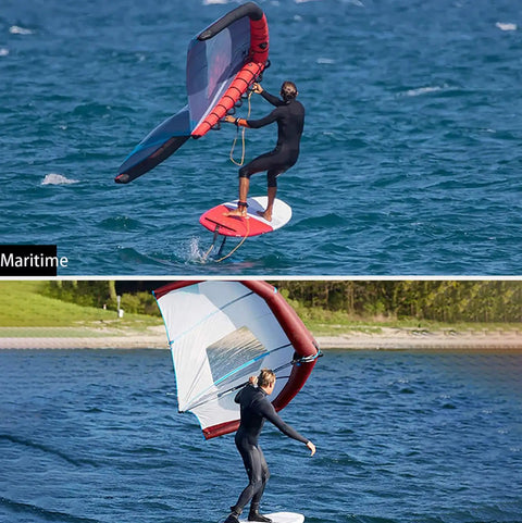 Person using Inflatable Wing Surfboard Kite For Foil Wing Surfing And Handheld Kitesurfing With Hydrofoil Ready Design All In One Water Sports Gear Includes Backpack Easy Inflation No Fuss Setup For Quick Stable Lift on lake and sea