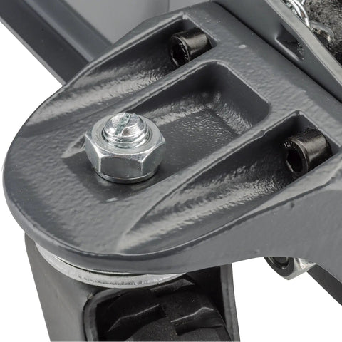 Close-up of the 2.5-Ton Off-Road Trolley Jack with Oversized 4-Inch Wheels Saddle Extension Integrated Handle Storage Portable Design