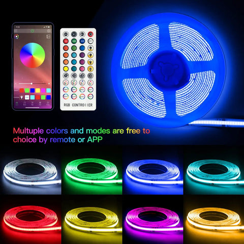 Ultra Bright 16.4 Feet RGB COB LED Strip Kit With Bluetooth App Control And Remote, 24V Music Sync in multiple colors