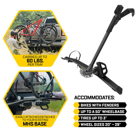 Modular Two In One Hitch Rack for Two Bikes Up to Eighty Pounds Tilts and Folds for Easy Storage with no frame contact