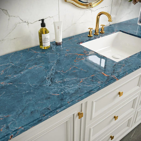 Large 36 By 160 Inch Faux Cracked Marble Contact Paper For Countertops Waterproof Peel And Stick Kitchen Backsplash Dark Grey Marble Vinyl Wall Covering For Cabinets And Surfaces on bathroom counter