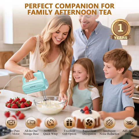 Slick Handheld Electric Mixer With 5 Speed Settings And Smart Storage Base For Effortless Baking Whipping And Cake Mixing Comes With Five Hella Durable Stainless Steel Attachments In Bold Blue being used in a kitchen with family.