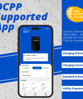 Smartphone displaying OCPP supported charging app interface with control options and Grizzl-E charger image.