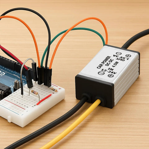 DC Buck Converter Module 24V-12V To 1.5V, 3A Output, 4.5W Power Regulator With 13cm Cable connected to circuit board