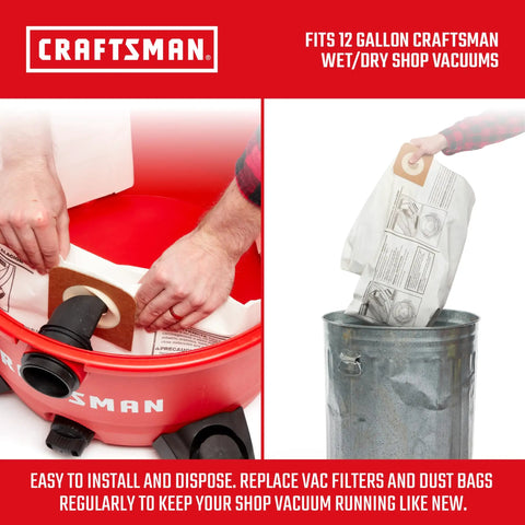 Installing fine dust wet dry vacuum dust collection bags for most 12 gallon shop vacuums, showing bag placement and disposal.