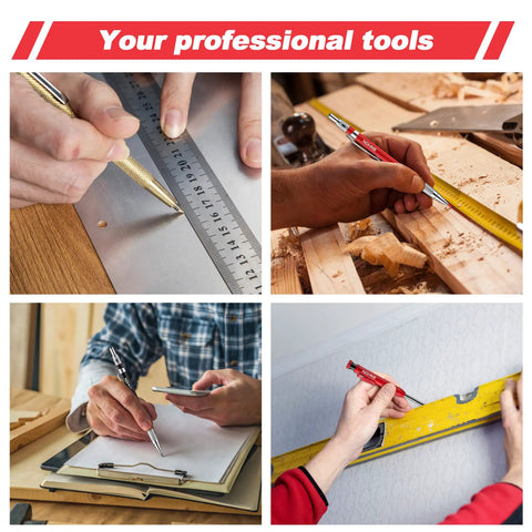Built Tough Heavy Duty Mechanical Carpenter Pencils With 36 Vivid Color Refills And Snappy Sharpener For Long Nose Woodworking Marking And Job Site Ready Pro Gear in use on various materials.