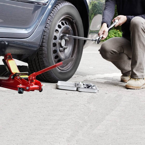 2 Ton Floor Jack Replacement Handle For Car Jack, Horizontal Hydraulic Jack Bar in use on vehicle with tools nearby.