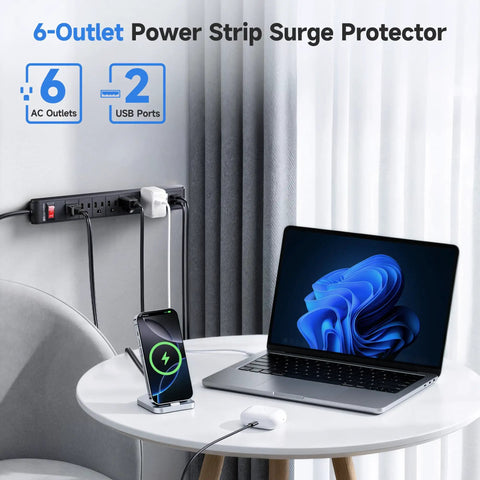 Two Pack Six Outlet Surge Protector Power Strips With USB Ports Eight Foot Long Extension Cord ETL Listed 490 Joules Surge Protection Built In 15 Amp Circuit Breaker Black Power Strip For Your Home Office Setup And Electronics shown with devices connected