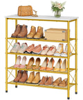 Real Deal Five Tier Shoe Rack Organizer For Up To Twenty Pairs Of Shoes Featuring Slick White And Gold Metal Mesh Shelves With Spacious Top Deck, holding various shoes and accessories.