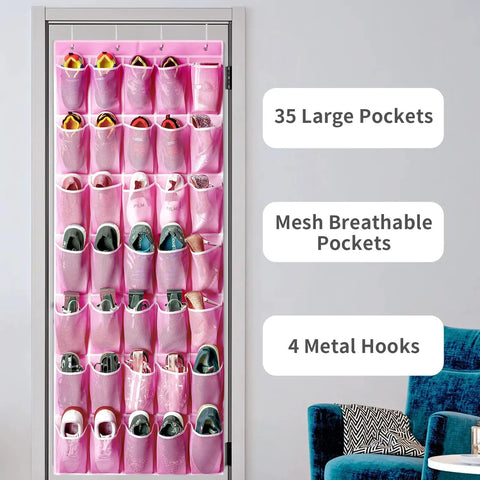 Pink Over The Door Shoe Organizer With 35 Pockets For Maximum Storage, Fits Up To Size 13 Men, displayed on a door with shoes