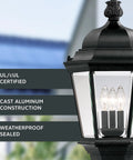 Close-up of Outdoor Post Lantern with 3 Lights, 28 Inch Black Exterior Lighting Fixture, showing clear glass shades and details.