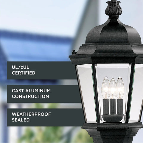 Close-up of Outdoor Post Lantern with 3 Lights, 28 Inch Black Exterior Lighting Fixture, showing clear glass shades and details.