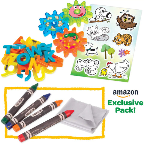 Mega Size Magnetic Double Sided Kids Easel Built Tough For Endless Creative Sessions Adjustable Height Dry Erase And Chalkboard Art Station art supplies including crayons and stickers.