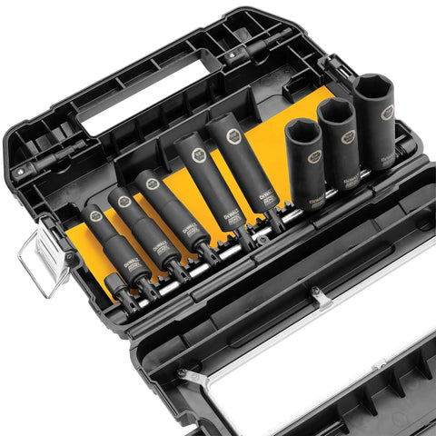 Impact Socket Set With Half Inch Drive Ten Piece Including Eight Common Sockets And Two Adapters For Quarter To Half Inch