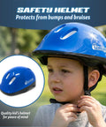 Child wearing a blue helmet from Beginner Inline Training Roller Skates For Kids With Totally Safe Protective Gear Set outdoors