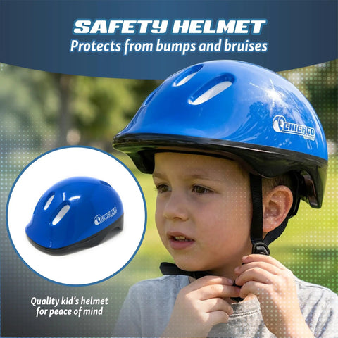 Child wearing a blue helmet from Beginner Inline Training Roller Skates For Kids With Totally Safe Protective Gear Set outdoors