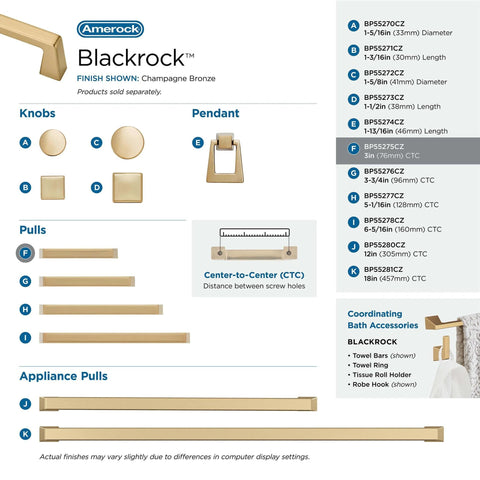 Champagne Bronze Cabinet Pull Blackrock Finish, 3 Inch Center To Center, Overall Length About 3.69 Inches from Amerock