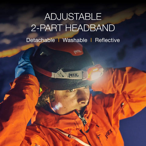 Person wearing Swift RL Rechargeable Headlamp With Reactive Lighting Technology, 900 Lumens, Blue, for outdoor adventures.