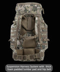 Back view of Beefed Up Large Military Style Backpack 70L Tactical Rucksack With MOLLE System, showing harness and padded hip belt.