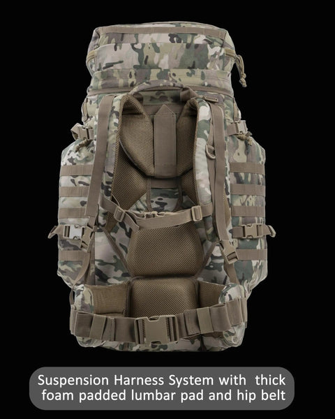 Back view of Beefed Up Large Military Style Backpack 70L Tactical Rucksack With MOLLE System, showing harness and padded hip belt.