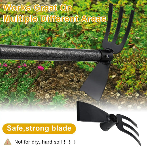 Two In One Garden Hoe And Cultivator With 45 Inch Long Handle Built To Last Heavy Duty Standing Hoe Tiller in garden soil